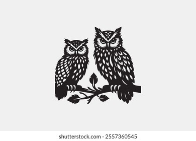 Adorable Owl Silhouette Wall Decal. Cute Cartoon.Elegant Owl Silhouette Design: Two Owls Perched on a Branch for Wall Art, Stickers, and Nature-Inspired Decor