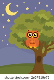 Adorable owl sitting on a tree in the night. Evening landscape with a bird