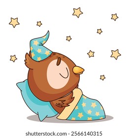 An adorable owl sleeps peacefully under twinkling stars, perfect for bedtime themes and childrens designs