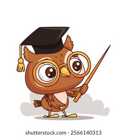 Adorable owl wearing a graduation cap, ready to teach with a pointer. Perfect for educational themes.