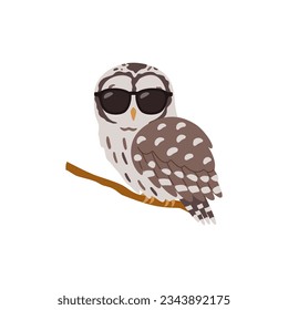 Adorable owl wearing sunglasses, cartoon flat vector illustration isolated on white background. Cool bird sitting on branch. Wild animal drawing, great for kids designs.