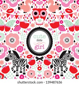 Adorable owl zebra and butterfly illustration  little girl baby announcement card template in vector