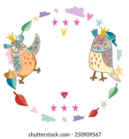 Adorable owls and floral wreath.