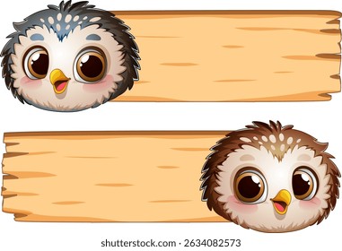 Adorable owls peeking from wooden signboards