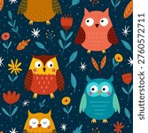 Adorable owls seamless pattern for kids. Funny repeat background in childish style for fabric, prints. Cute forest birds characters. Vector illustration