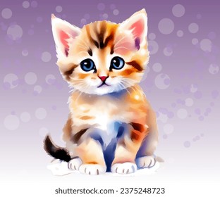 Adorable painted watercolor kitten on holiday snowy background.  Isolated design element for greeting card, poster, flyer, banner, baby showers, Christmas. Vector illustration. 