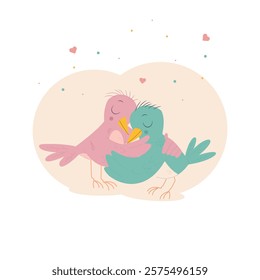 Adorable pair of birds hugging with hearts. Perfect for postcards, greetings, and romantic designs.