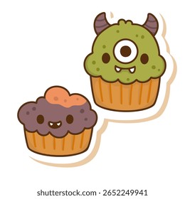 Adorável par de cupcakes monstro estilo kawaii com rostos felizes e cores pastel. Perfeito para Halloween, convites de festa, desenhos infantis e decorações sazonais.