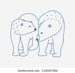 Adorable pair of polar bears hand drawn with contour lines on white background. Doodle drawing of couple of cartoon wild Arctic carnivorous animals walking together. Childish vector illustration