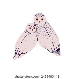 Adorable pair of snowy owl sits together. Cute polar birds of prey look back. Arctic animals with winter feathers. Wild fauna of north forest. Flat isolated vector illustration on white background