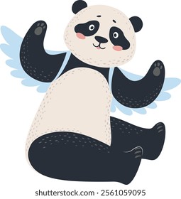 Adorable panda bear character with light blue angel wings flying and waving its paws, creating a whimsical and charming scene against a white background