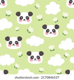 Cara de oso panda adorable sobre un fondo verde pastel sin costura con flores y nubes, animales kawaii niños envuelto en papel, tela y motivos textiles