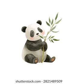 Adorable panda bear holding bamboo leaves