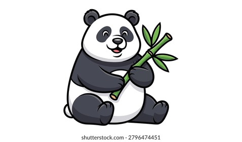 Adorable panda bear holding green bamboo