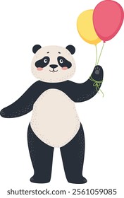 Adorable panda bear holding two colorful balloons, celebrating a birthday or special occasion, bringing joy and festive cheer with its charming presence