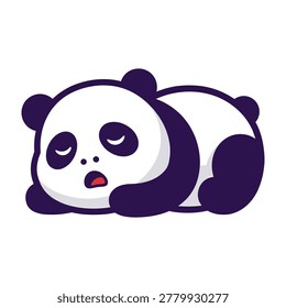 Adorable panda bear lying down sleeping on ground with eyes closed and mouth open in relaxed mood