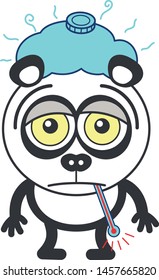 Adorable panda bear with rounded ears and black rings around eyes having a thermometer in its mouth, an ice pack above its head, showing a sad mood and feeling sick