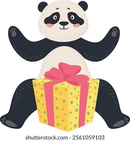 Adorable panda bear sitting with a yellow gift box with pink ribbon, arms raised in excitement, celebrating a special occasion with joy and gratitude