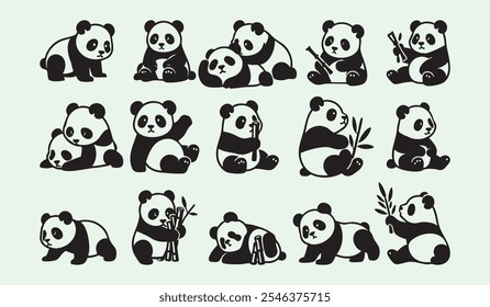  Adorável panda ursos vetor feixe com clipart bonito, desenhos animados e desenhos de arte de linha.