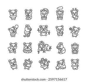 Adorable panda character set featuring various emotions, accessories, and objects, including holiday themes, weather elements, transportation, gifts, and playful interactions