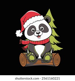 Adorable panda cub dressed in a Santa hat and scarf, enjoying the Christmas spirit! ,Panda Christmas