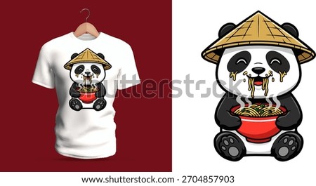 Adorable Panda Eating Noodles Vector Illustration with Asian Hat – Cute Food-Themed Cartoon Character Perfect for T-Shirt Prints, Restaurant Merchandise, Asian Cuisine Apparel, Kawaii Fashion