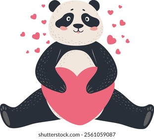 Adorable panda embracing a large pink heart while small hearts float around, creating a heartwarming scene of love and affection, perfect for Valentine s Day or any occasion celebrating love