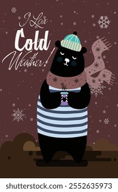 Adorable panda enjoying the winter season, perfect for children's books and winter-themed designs.