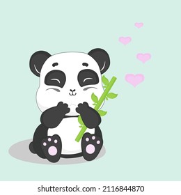 Adorable panda enjoys delicious juicy bamboo. I love to eat.
Postcard for Valentine's Day. Vector illustration for sticker, postcard, birthday invitation. Panda and bamboo logo icon.