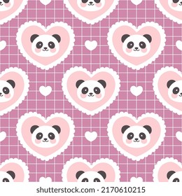 Adorable panda face with hearts and pink grid background, seamless pattern design for girls.
