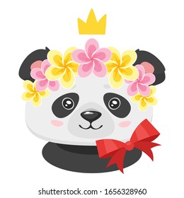 Adorable panda flat vector illustration. Girlish and stylish giant panda bear face with crown, floral wreath isolated on white background. Creative childish element for t shirt print, sticker design