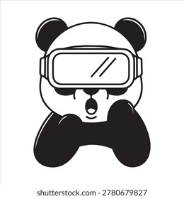 An adorable panda is fully immersed in virtual reality, wearing a VR headset and holding a game controller, looking surprised and excited.