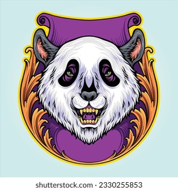 Adorable panda head in ornate engraved frame vector illustrations for your work logo, merchandise t-shirt, stickers and label designs, poster, greeting cards advertising business company or brands