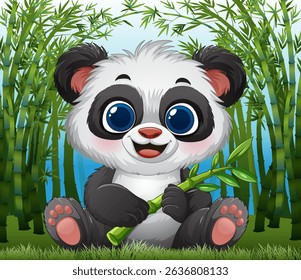 Adorable panda holding bamboo amidst lush greenery