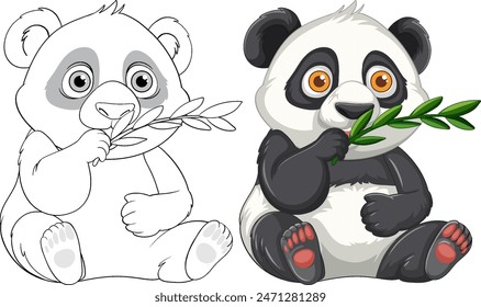 Adorable panda holding bamboo, colored and outlined versions