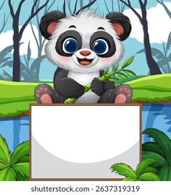Adorable panda holding bamboo in a lush forest