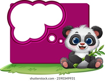 Adorable panda holding bamboo on grassy patch