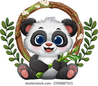 Adorable panda holding bamboo surrounded by floral wreath