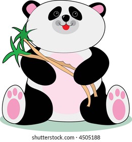 Adorable panda holding bamboo twigs and smiling