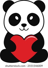 Adorable Panda Holding a Big Red Heart, Cute Cartoon Illustration