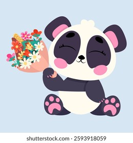Adorable panda holding a bouquet of colorful flowers with a soft pastel blue background