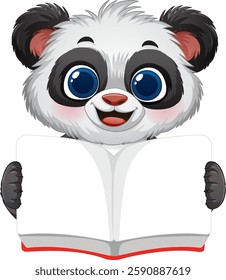 Adorable panda holding an open book, smiling happily