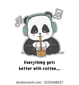 Adorable panda escuchando música con auriculares mientras bebe té de burbujas. Un diseño lindo y relajante perfecto para kawaii, té de burbujas y productos con temática musical.