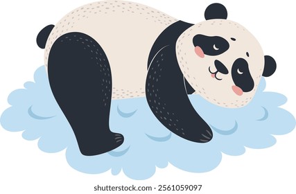 Adorable panda lying on a cloud, enjoying tranquility and peace, creating a heartwarming scene ideal for children s illustrations promoting relaxation and well being