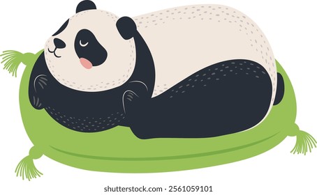 Adorable panda lying on its side on a soft green pillow with decorative tassels, sleeping soundly with a content expression, creating a heartwarming and peaceful scene