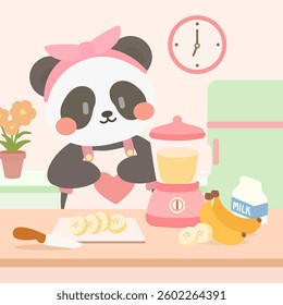 Adorable Panda Making a Banana Smoothie in a Cute Kitchen. Kawaii Panda Chef Preparing a Healthy Smoothie. 