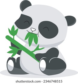 Adorable panda munching leaves, nestled on the ground. Playful and endearing illustration capturing nature's charm.