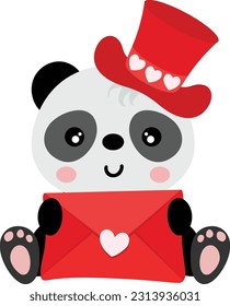 Adorable panda with red hat holding a valentine letter envelope
