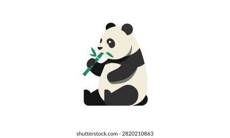 Adorable panda sitting with bamboo on plain background in simple black and white illustration perfect for wildlife nature and conservation projects