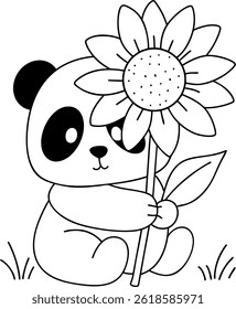 Adorable panda sitting with flower crown smiling on grass